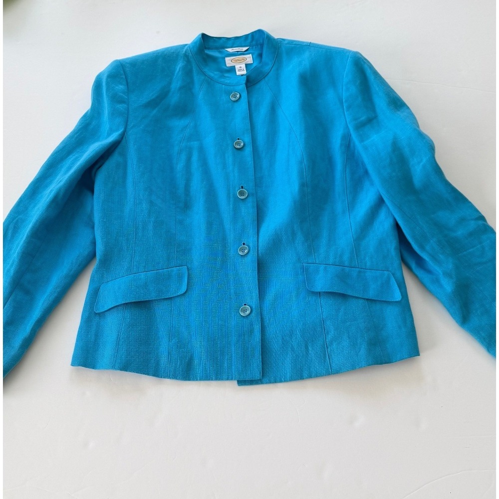 Talbots Womens 16 Turquoise Blue 100% Irish Linen Mandarin Collar Blazer Jacket